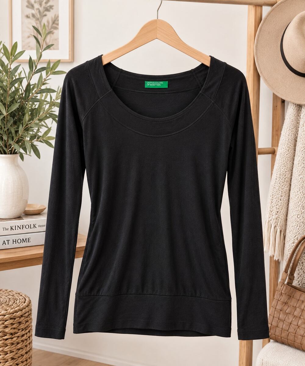 United Colors of Benetton Black Long Sleeve Top Tunic Women’s Casual Layering M